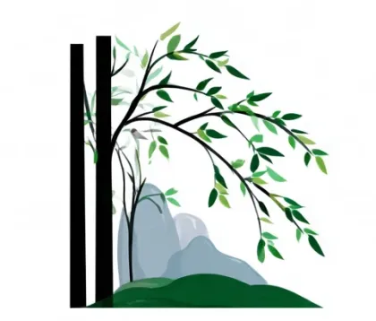 Illustration d'un arbre penché au-dessus de rochers, dans l'esprit d'un jardin japonais