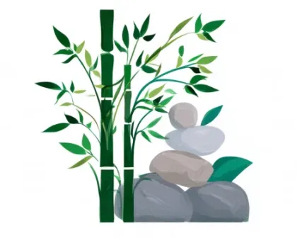 Illustration de bambous et de pierres empilées, évoquant un jardin japonais