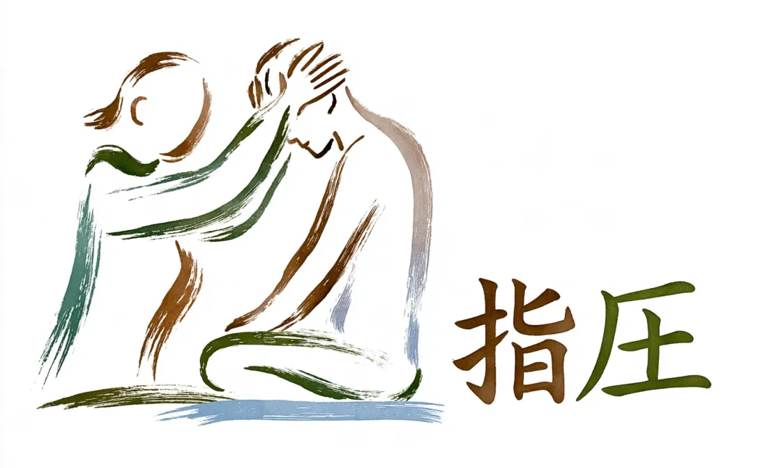 Illustration au pinceau d'une séance de shiatsu, avec les idéogrammes japonais 指圧 (shiatsu)